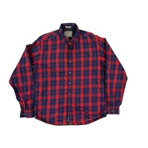Louis Philippe Tailored Fit Men Red Blue Plaid‎ Long Sleeve Button Up Shirt Sz L